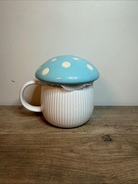 Cost Plus World Market Blue Polka-Dot Mushroom Mug with White Ribbed Body